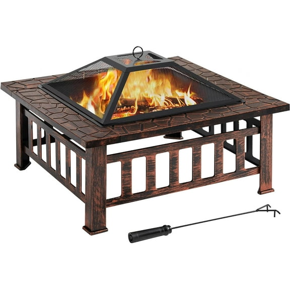 YEXJ Outdoor Fire Pit Wood Burning 32in Multifunctional Firepits Table Patio Stove with Waterproof Cover, Spark Screen, Poker, Large Square Fire Pits for Outside Garden Camping