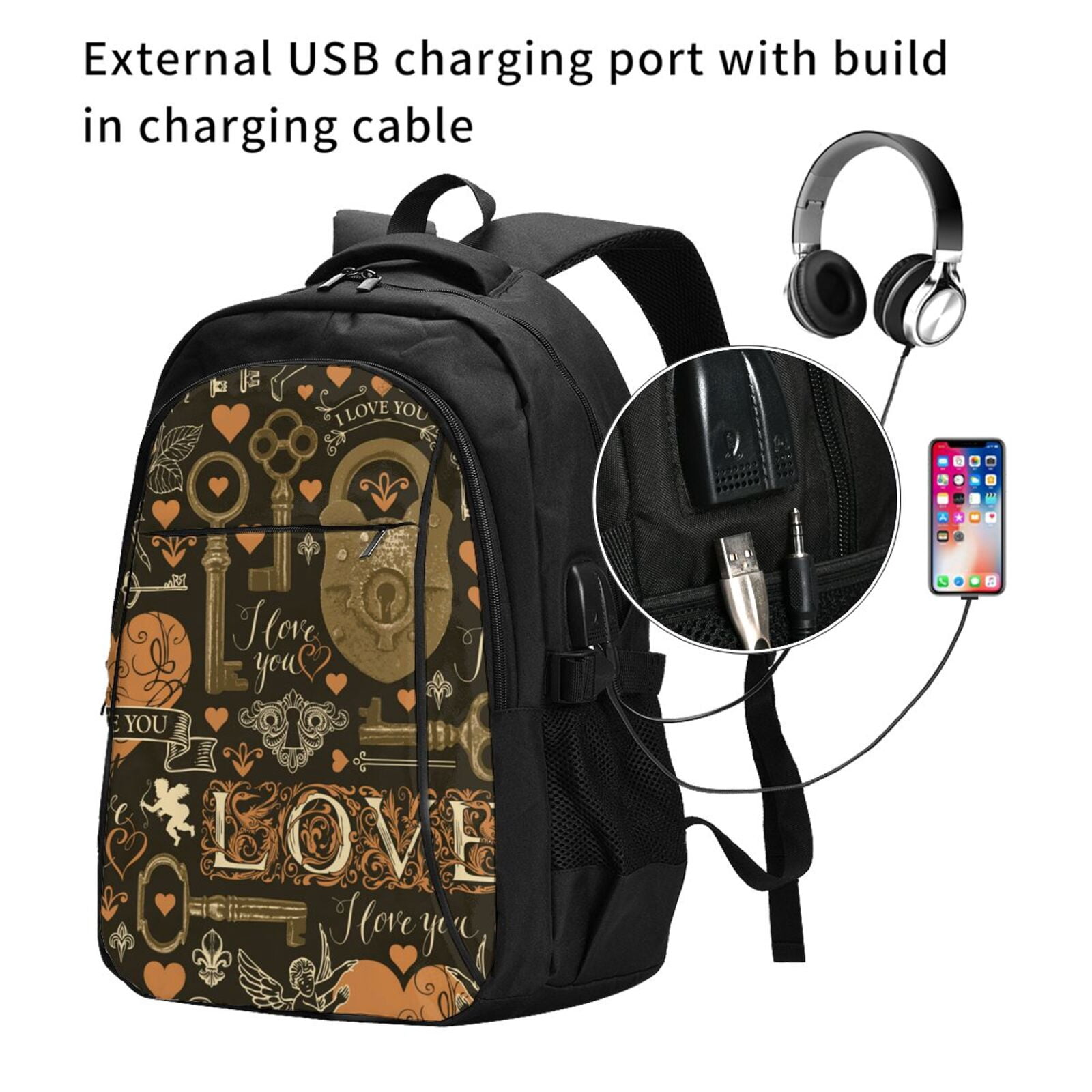 Love Hearts Old Keys Vintage Laptop Backpack with USB Charging Headphone Port Casual Daypack Bag College Business Travel
