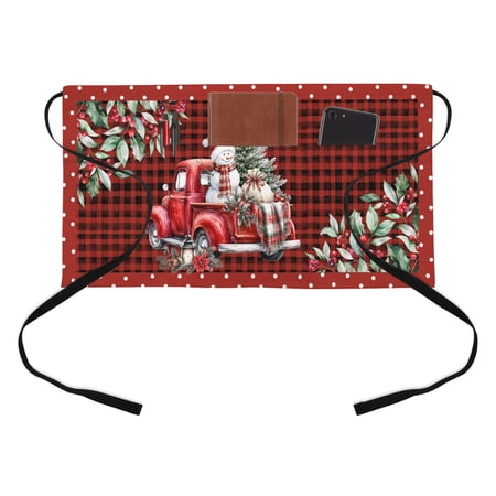 Christmas Winter Kitchen Restaurant Half Waist Apron, Rustic Red Truck Pine Tree Snowman Red Gingham Server Short Apron with 3 Pockets Waterproof Oil Waist Aprons for Women Waitress Waiter