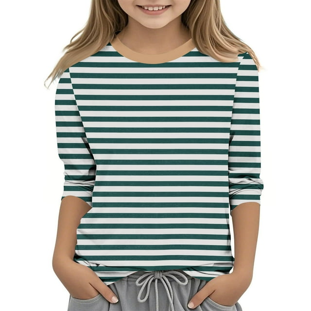 MeetoTime Filles Enfants T-shirt à Manches 3/4 Col Ras du Cou Rayé Imprimé d'Été Décontracté Vêtements pour Enfants 3-12 Ans