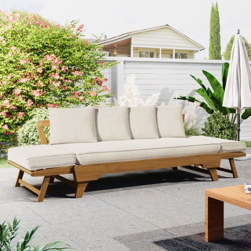 Teak Acacia Wood Outdoor Daybed Sofa, 3-Seat Patio Convertible Sofa with Foldable Arms & 4 Removable Pillows, Weatherproof Beige Cushions, Space-Saving Design for Poolside, Balcony, Garden