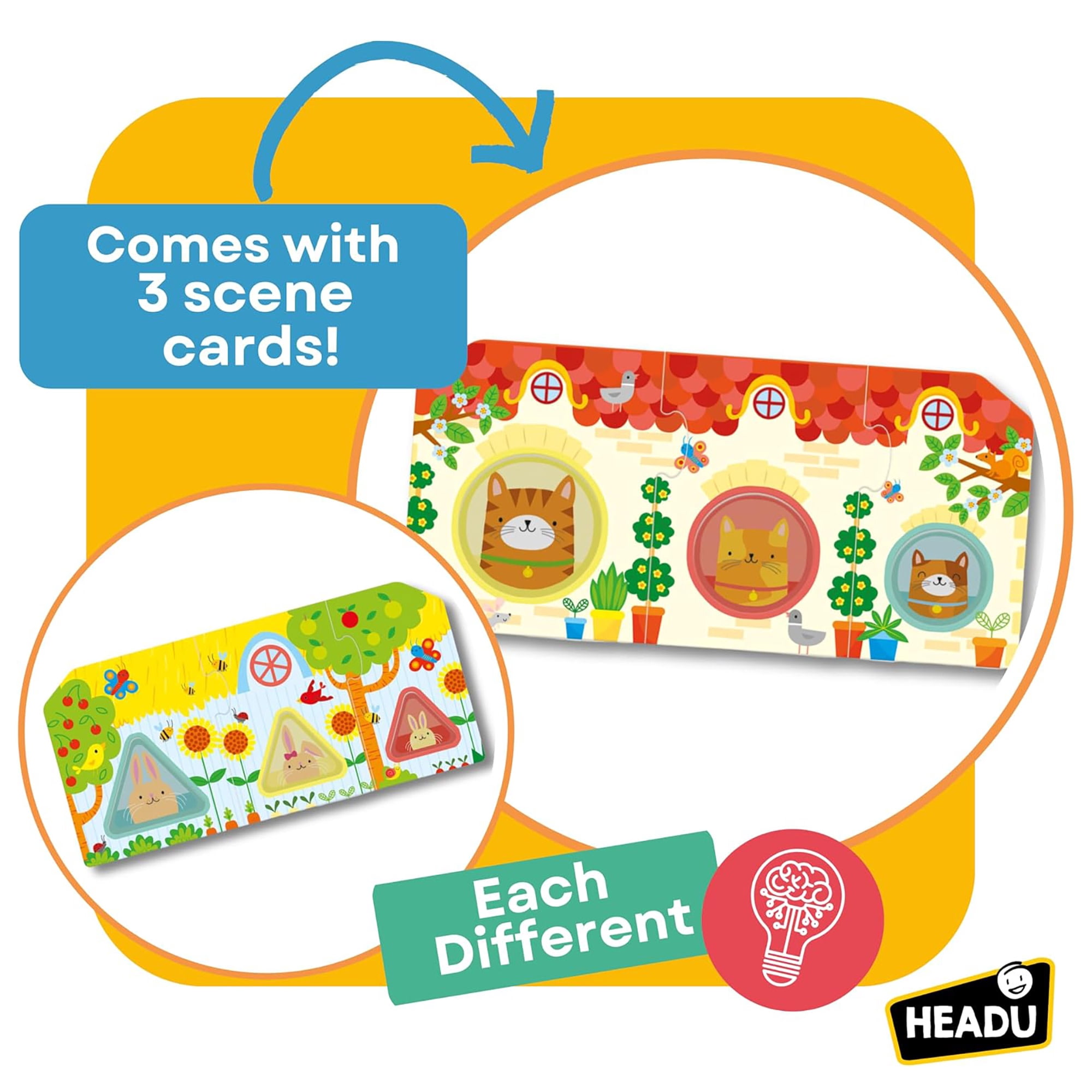 Headu: Progressive Babies Montessori - Wooden Shapes & Color Matching Game, Oversized Animal Scene Puzzle Tiles, Sight Recognition Play, Toddlers 2-4