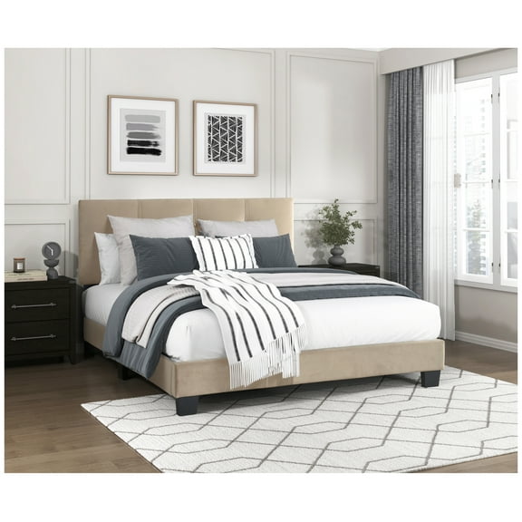 Full Platform Bed Light Brown Upholstered Adjustable Height Headboard Button Tufted Solid Wood Bedroom Furniture