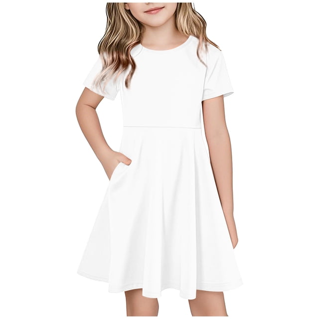 Tranfacy Robes Décontractées pour Filles, Robe à Manches Courtes pour Filles, Robe d'Été à Manches Courtes Décontractée et Ample avec Poches pour 4-14 Ans
