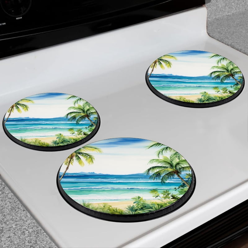 BaHomeck Electric Stove Burner Covers Set of 4,Round Metal Gas Stove Burner Covers 8 Inch and 10 Inch,Kitchen Decor,Palm Trees On The Beach With Ocean Waves And Tropical Foliage
