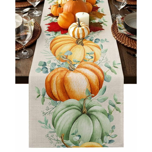 Sage Green Orange Fall Table Runner-Cotton Linen- 72 Inch Holiday Dresser Scarves, Pumpkins Eucalyptus Thanksgiving Rustic Beige Tablerunner for Kitchen Coffee/Dining Dinner Scarf Décor 14x72