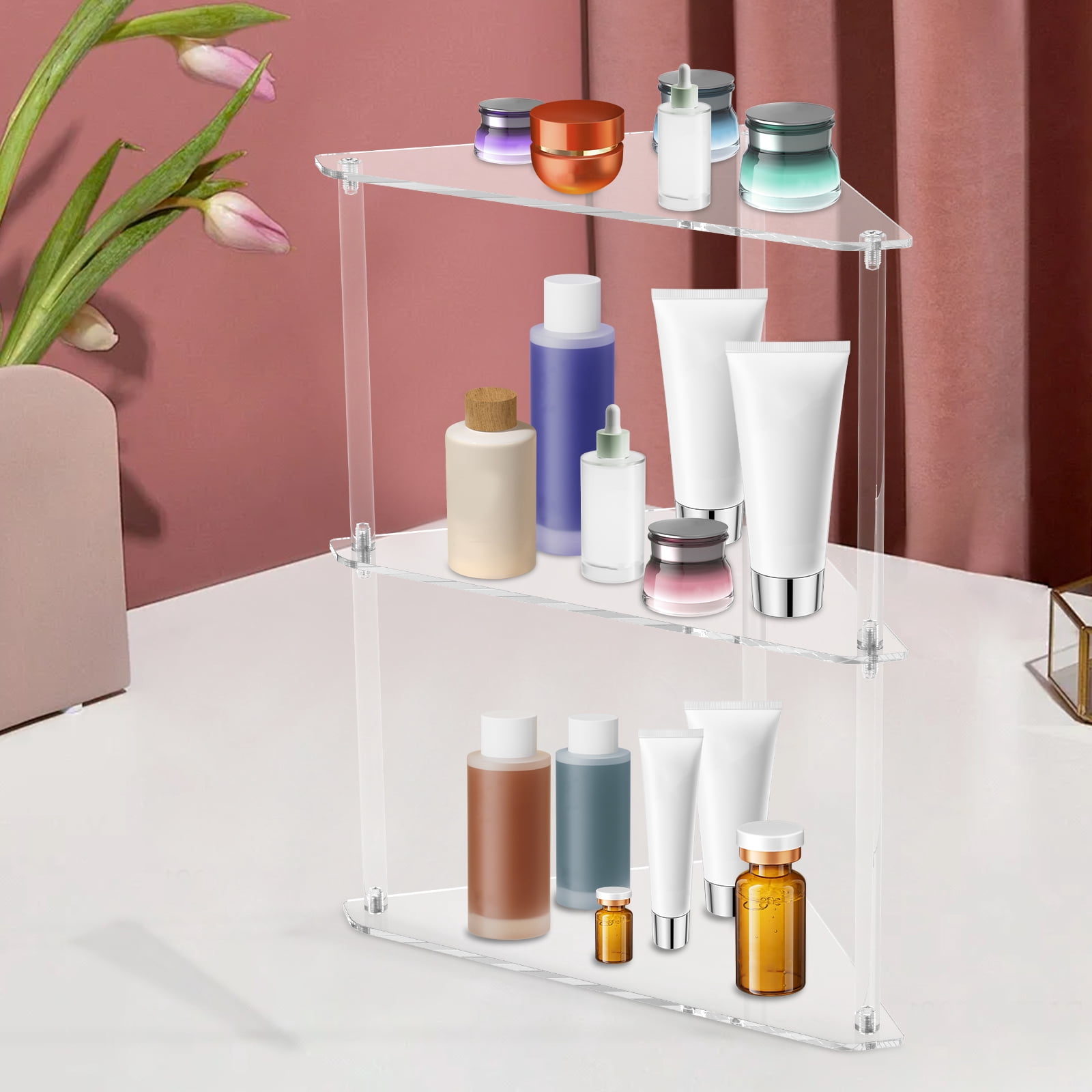 3 Tier Corner Shelf Transparent Acrylic Counter Corner Shelves Organizer Triangle Storage Rack for Bathroom Kitchen Office Vanity