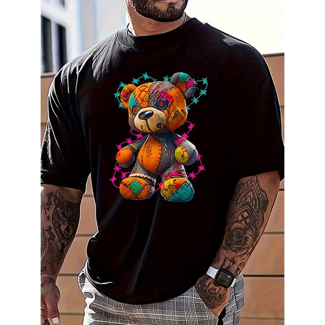 Men's Casual Fashion T-Shirt, Cartoon Teddy Bear Print, Knitted Polyester, Regular Fit, Round Neck, Stretch Fabric, All-Season, Adult Unisex Top