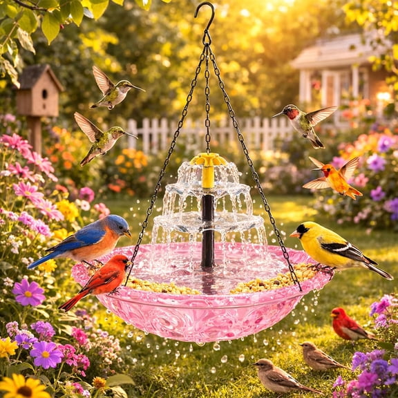 Solar Cascade Hanging Bird Bath Fountain, Outdoor Hanging Bird Bath with Solar Fountain, Large Humming Birds Baths Fountains for Outdoor Decorations