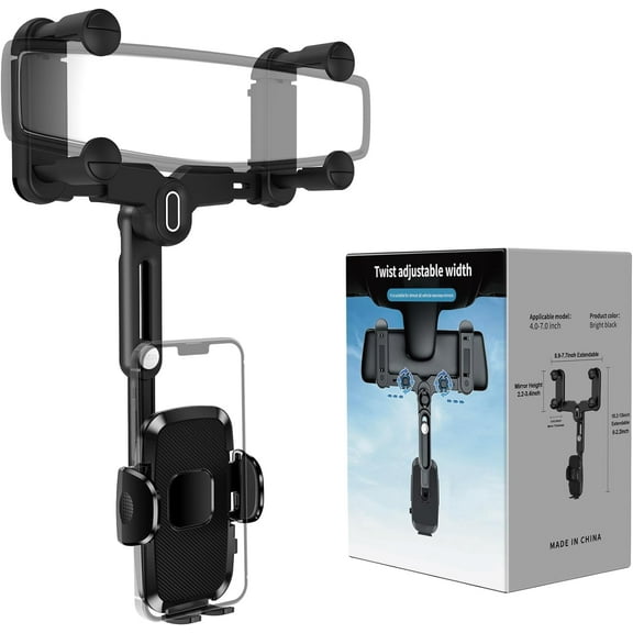 Car Phone Holder Mount, Rear View Mirror Holder, Rotatable and Retractable Holders for Your Compatible with iPhone Samsung All 4-7 Inch Cell Phones
