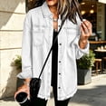 thumbnail image 2 of Women's Denim Overshirt Jacket Lapel Long Sleeve Fringed Hem Loose Casual Jean Shacket Vintage Washed Streetwear Fall Denim Coats White, 2 of 6