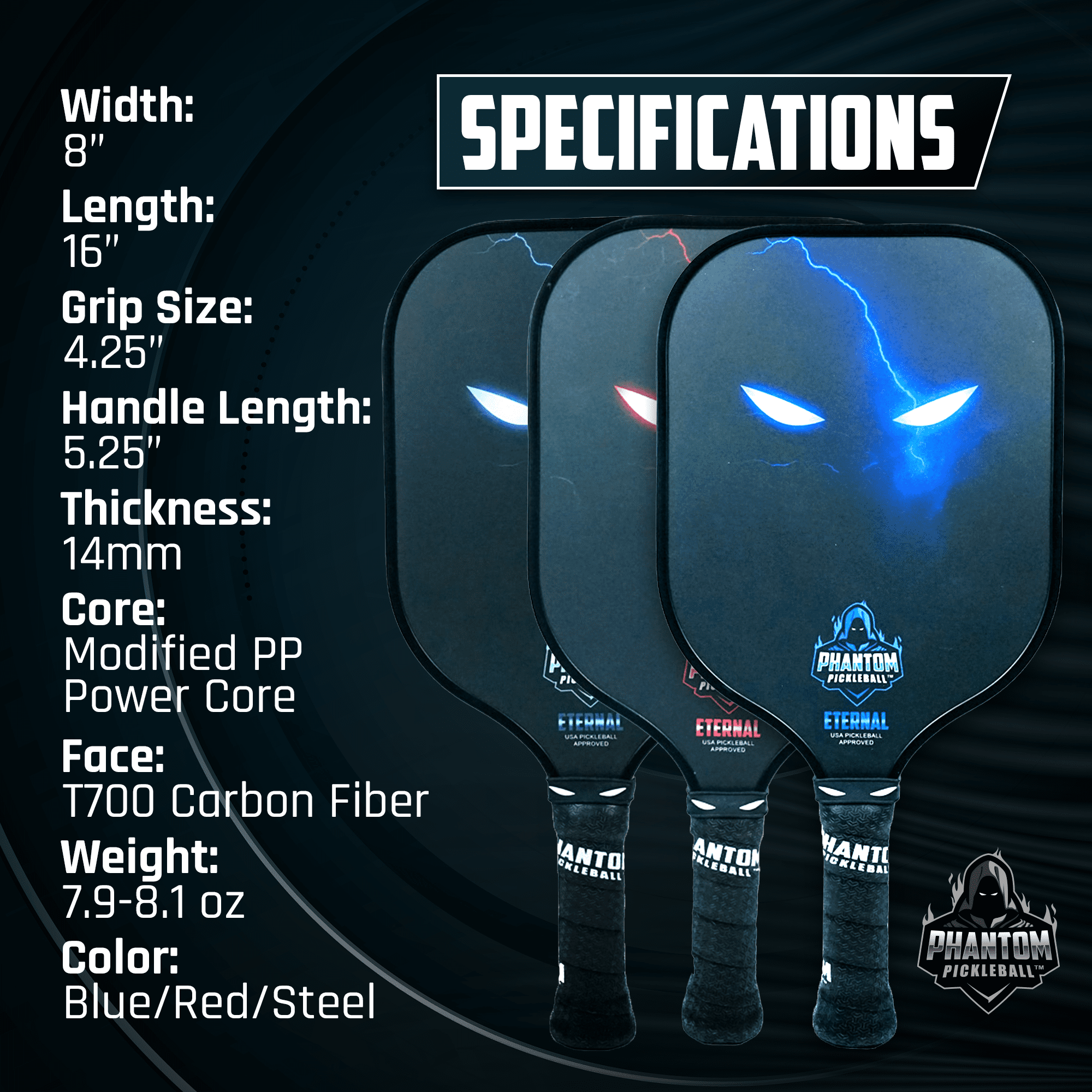 Phantom Eternal (Blue) 14mm T700 Carbon Fiber Pickleball Paddle with Cover