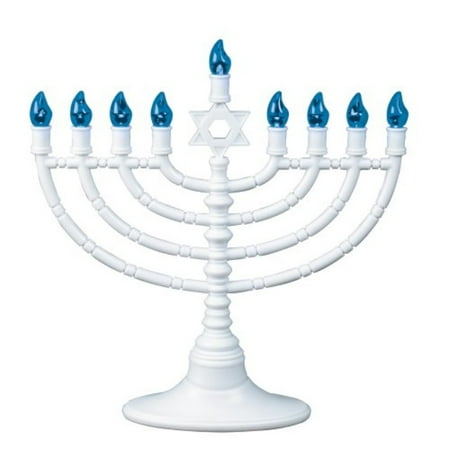 Silver Plated Electric Menorah - Rite Lite White plastic Electric LED Low Voltage Menorah with Blue Bulbs