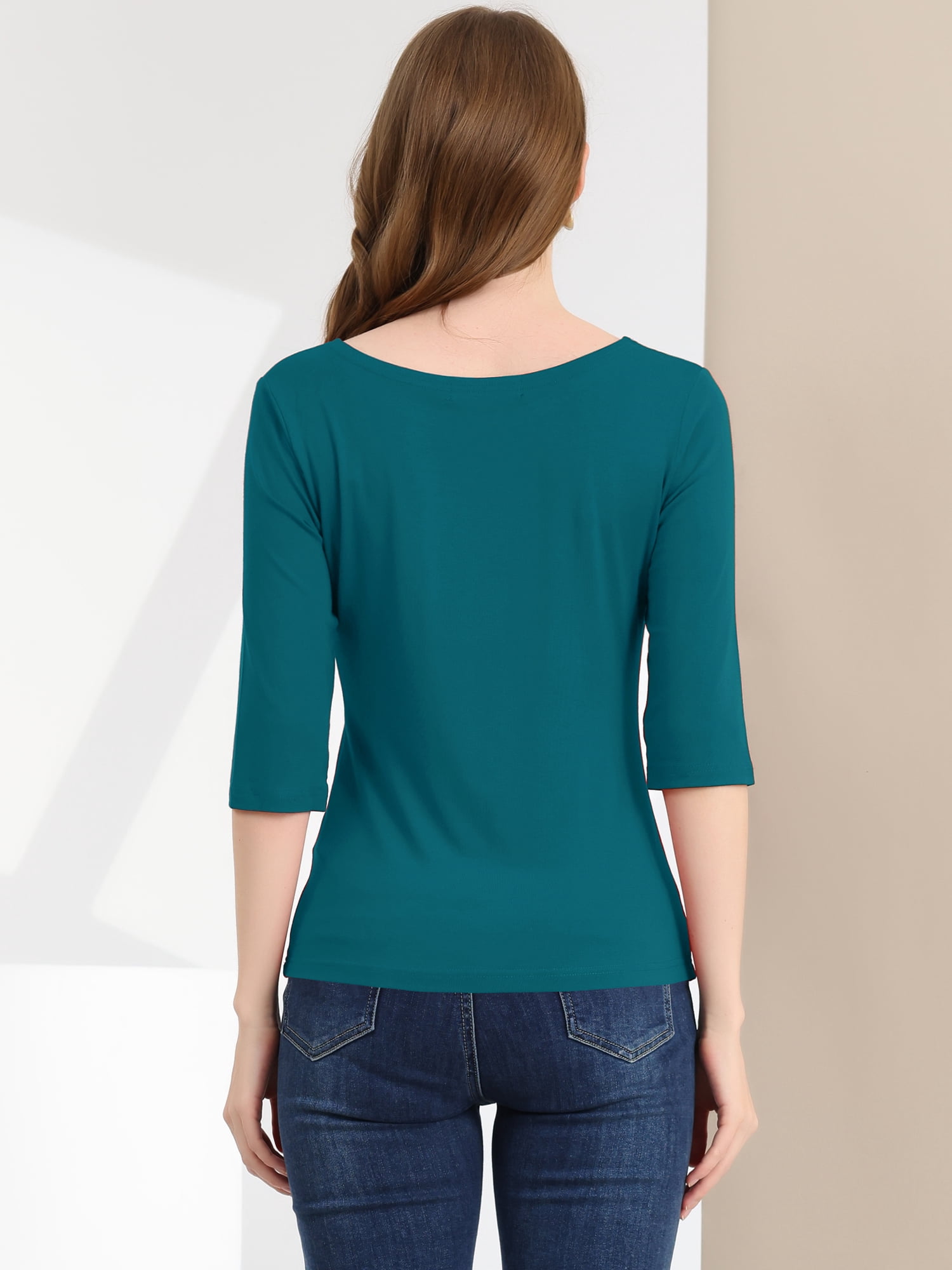 DARING DIVA Women's Elbow Sleeves Boat Neck Slim Fit Classic Tee XS Peacock Blue