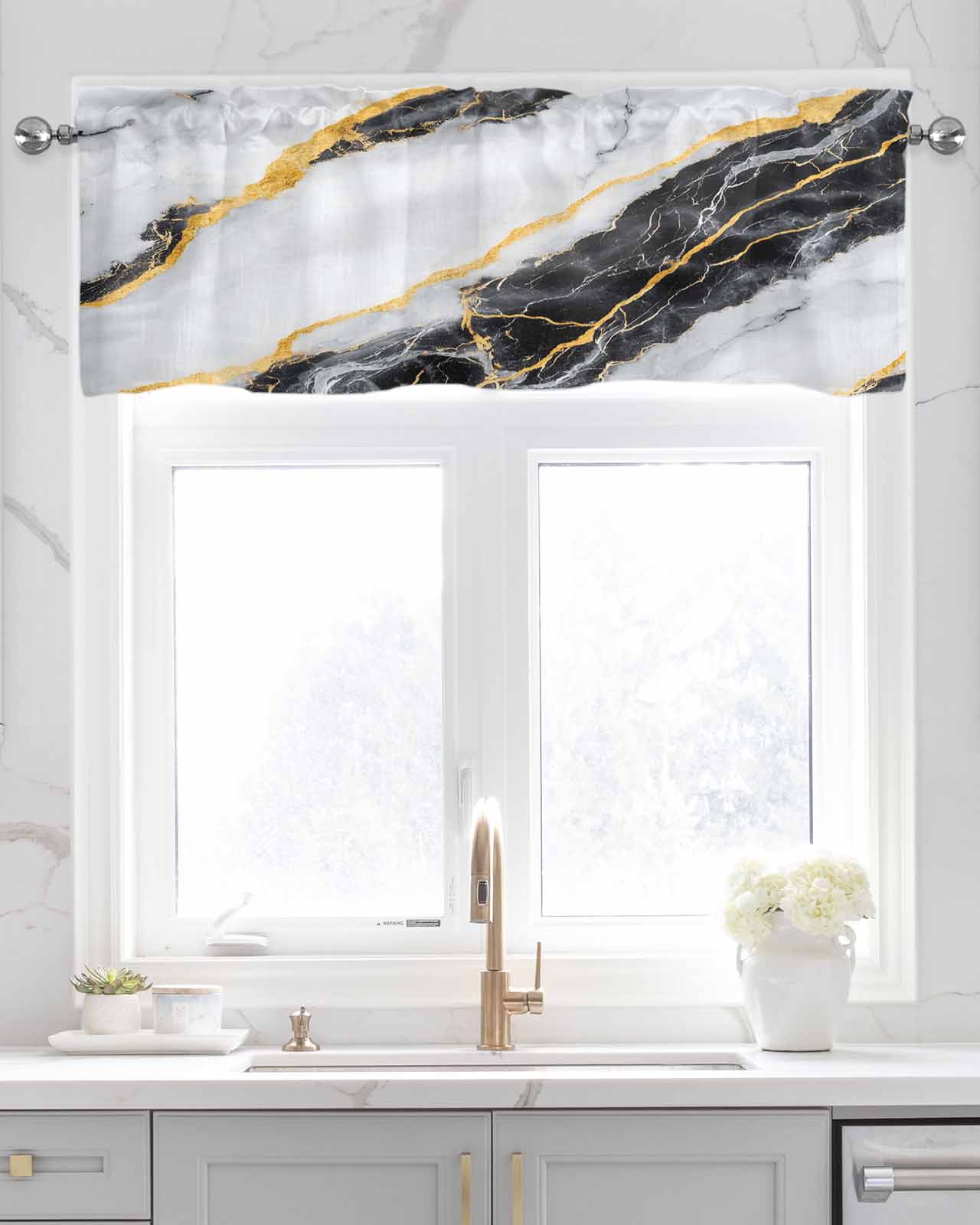 Marble Black Kitchen Valances for Windows Farmhouse Linen Window Valance Curtain for Living Room Window Treatment Gold Foil Ceramic Style Cracks Scratches Valance Rod Pocket Topper, 54 x 18 Inch