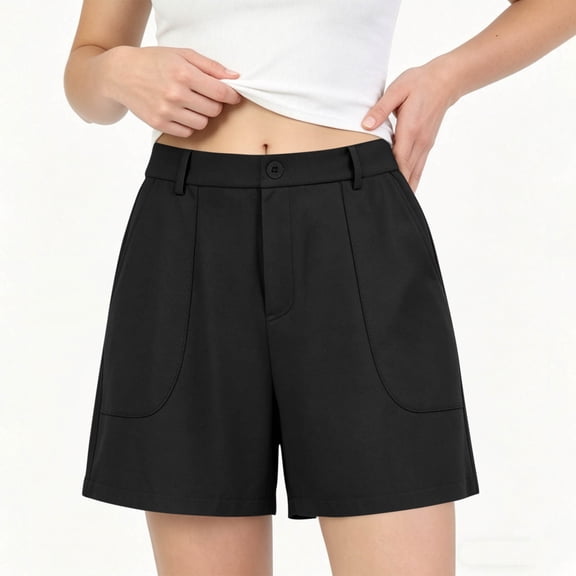 Pounoo Bermuda Shorts for Women High Waisted Pleated Front Button Detail Pocket Detail Loose Fit Bottoms Daily Slacks