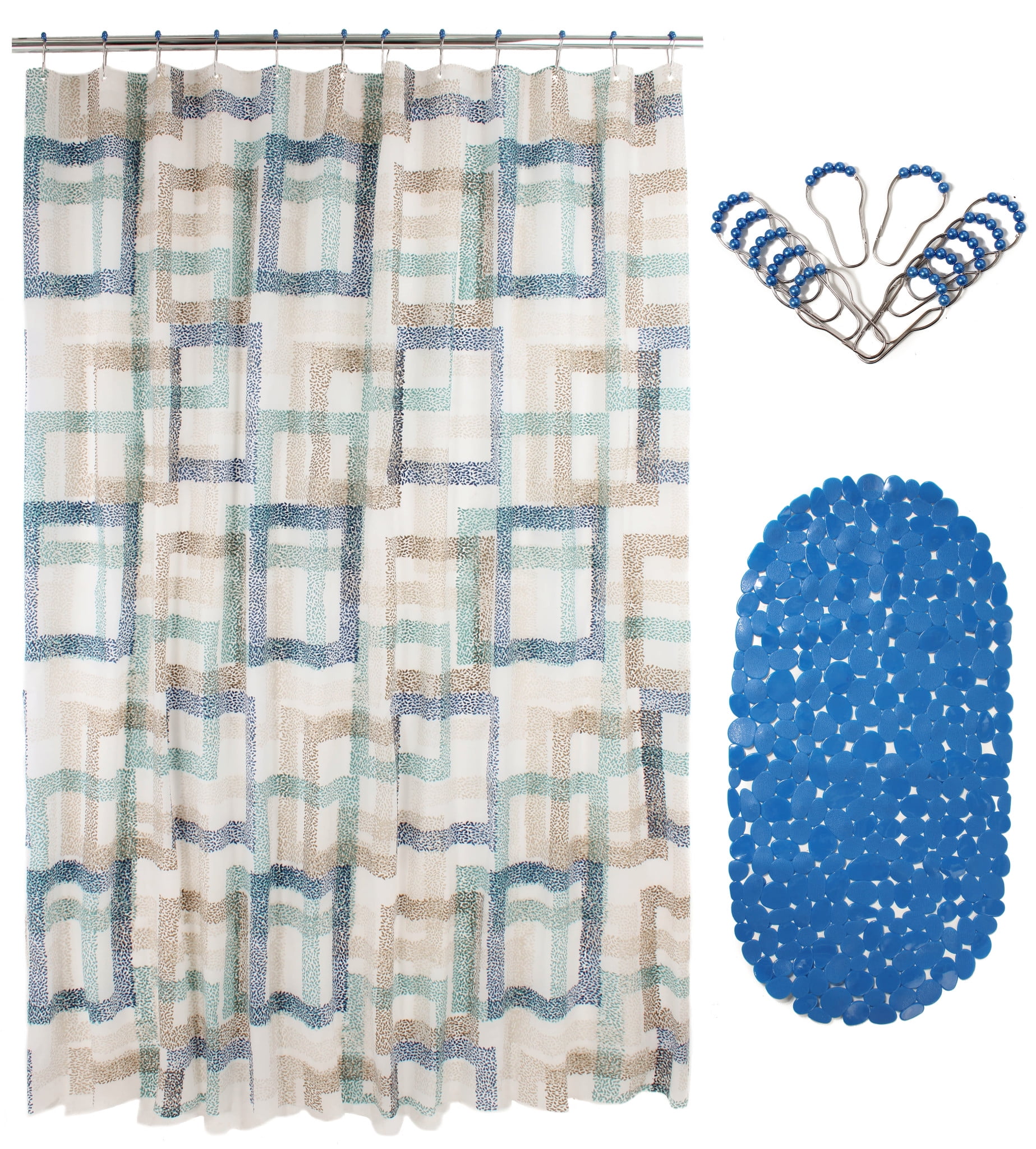 14Pcs PEVA Shower Curtain Set 72” w/ AntiSlipping RubberMat & 12 StainlessSteel Beaded Hooks