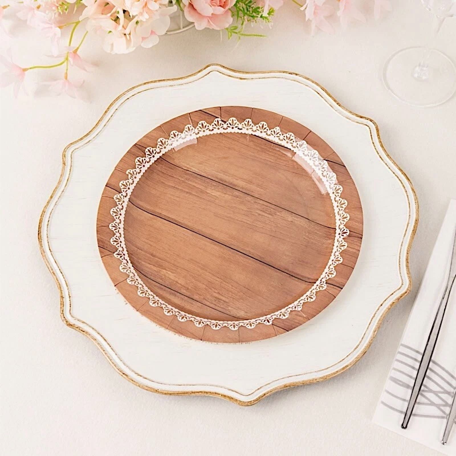 PRIME - 25 Brown 9 In Wood Print Floral Lace Disposable Salad Dinner Paper Plates Party
