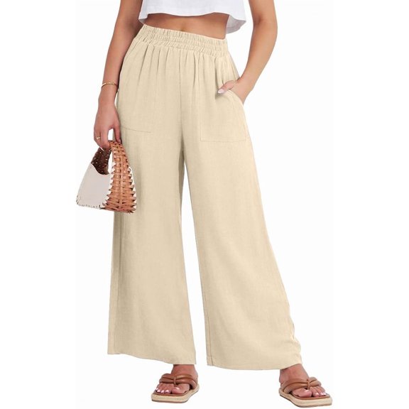 BAKREP Palazzo Pants for Women Wide Leg Linen Style Cotton Trousers High Waisted Summer Vacation Outfits Casual Beach Pants with Pockets