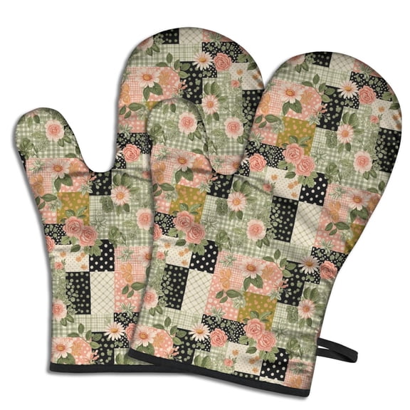 Pioneer Flower Floral Print Pattern Oven Mitt 2-Pack Set, Heat Resistant Kitchen Gloves, 7.7" X 12"
