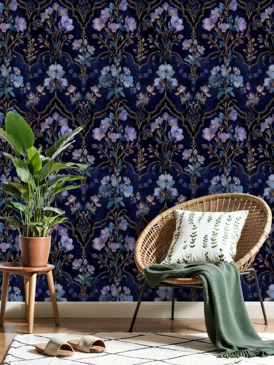 Boho Peel and Stick Wallpaper Elegant Blue Purple Floral Gold Accents Dark Wall Mural 23.6in x 9.8ft Self Adhesive Removable Wall Paper Renter Friendly Wallpaper for Nursery Bedroom Cabinets