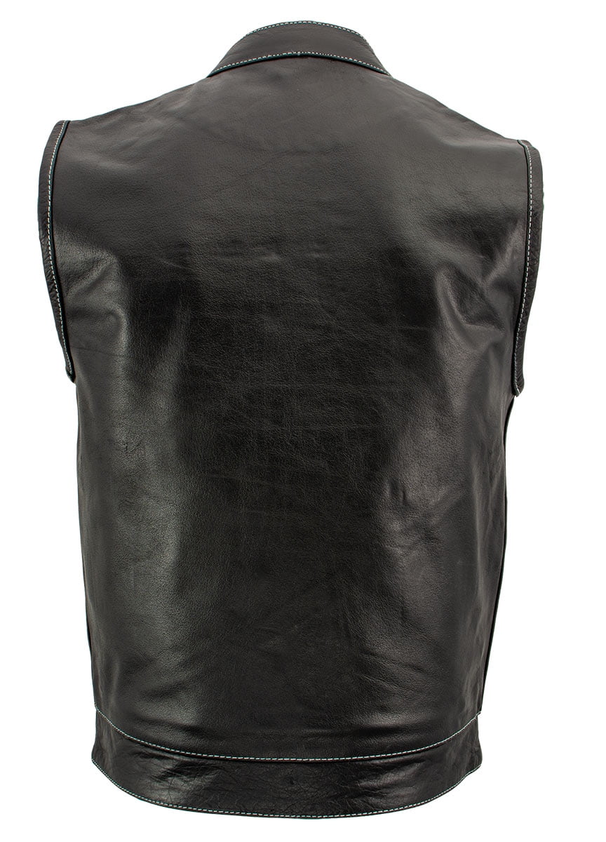 Large Xelement XS3450 Men's 'Paisley' Black Leather Motorcycle Vest with White Stitching 