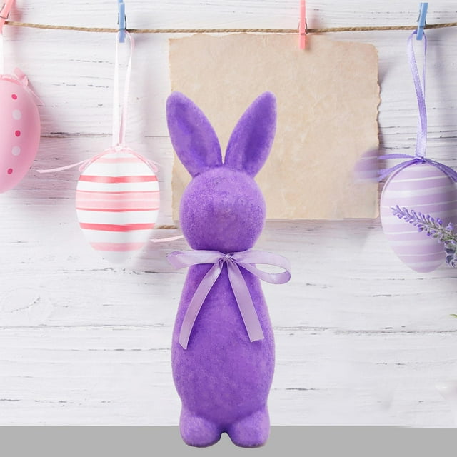 Figura de conejo de Pascua flocado, adorno de mesa, regalo de Pascua, escultura de animal, centro de mesa para patio, gabinete, escritorio de oficina Púrpura