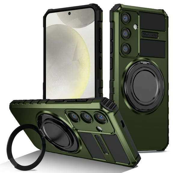 For Samsung Galaxy S25 Case with Ring Stand,360°Rotatable Ring Holder Magnetic Kickstand,2-Layer Full Body Heavy Duty Shockproof Rugged,Non-Slip Protective Phone Case,Darkgreen
