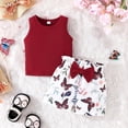 thumbnail image 2 of Newborn Girl Outfit Solid Ribbed Sleeveless Vest Tops Bowknot Floral Shorts Set Newborn Girl Clothes Watermelon Red 9-12 Months, 2 of 7