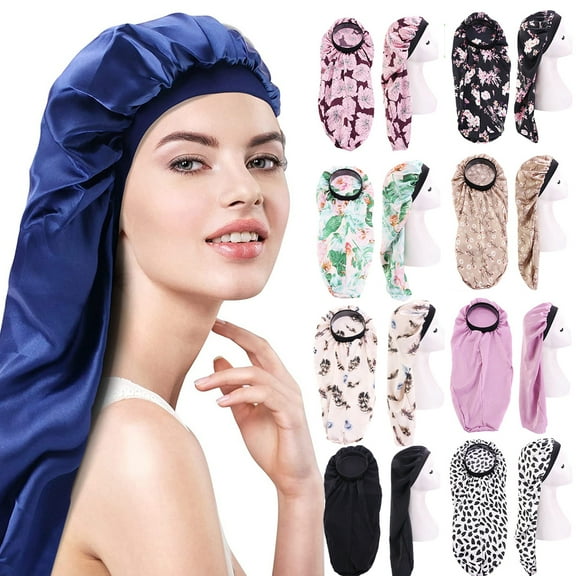 Visland Women Large Satin Sleep Bonnet Cap , Elastic Wide Band Satin Bonnet Sleeping Night Cap & Hat for Natural Curly Hair, Long Braids