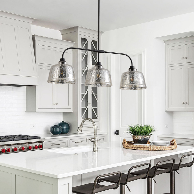 37.01 inches Pendant Light Fixture with Seeded Glass Shade, 3-Light Hanging Lighting for Living Room, Dining Room (E26 Base)
