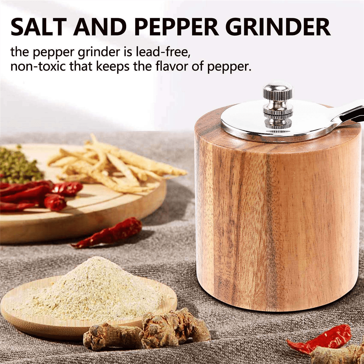 5X Pepper Mill, Hand Crank Wood Pepper Grinder with Classic Handle and Adjustable Ceramic Rotor