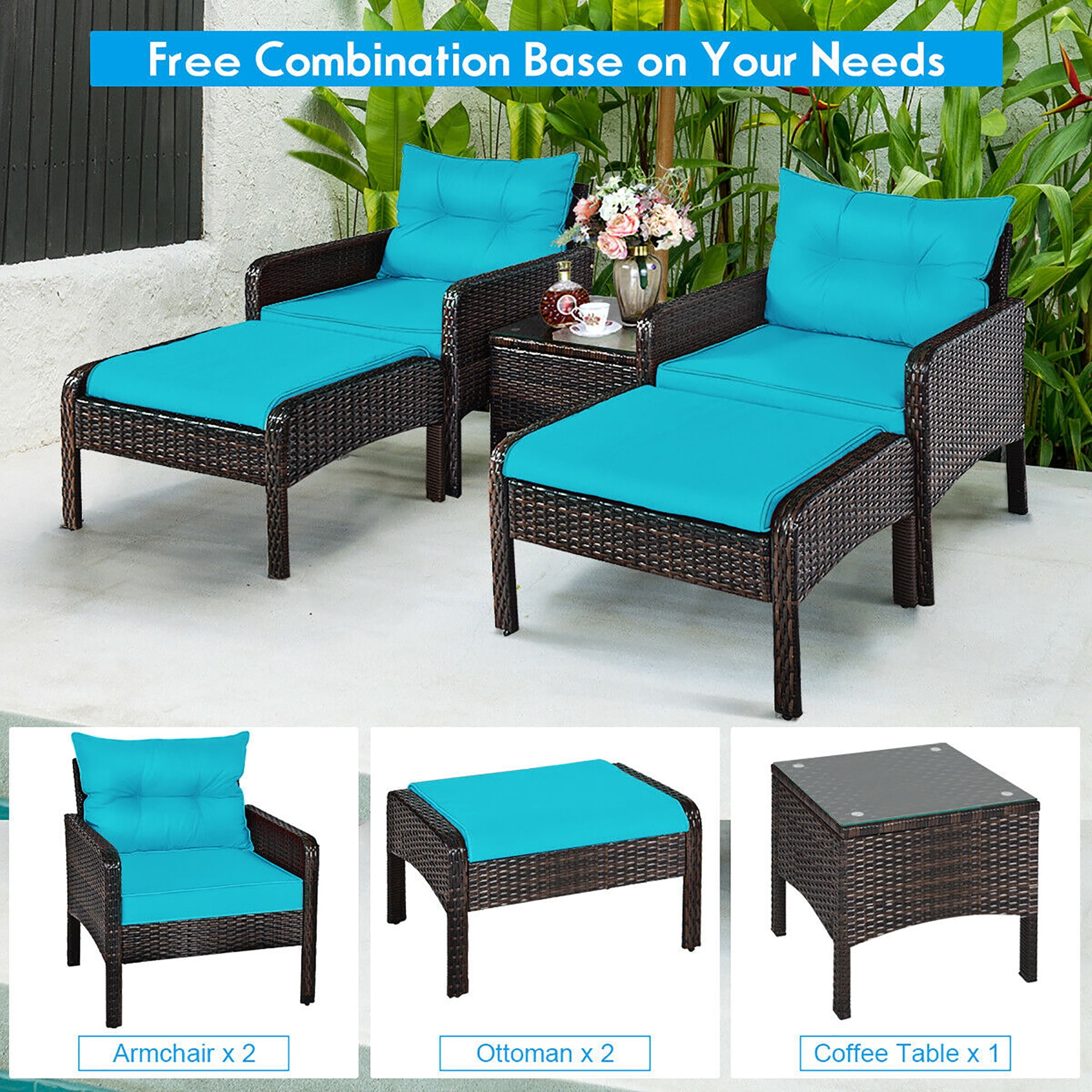 Costway 5-Piece Rattan Patio Furniture Set with 2 Ottomans and Glass Top Table, Brown/Turquoise