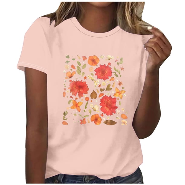 Tops Cortos para las Mujeres Blusas Impresas Manga Corta Cuello Redondo, Tops de Blusa para las Mujeres Primavera Verano Casual