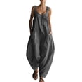 thumbnail image 2 of Women's Casual Jumpsuit Dressy V Neck Sleeveless Cotton Linen Overalls Vintage Elegant Wide Leg Cargo Pant Romper Summer Work Vacation Playsuits Dark Gray XXL, 2 of 7