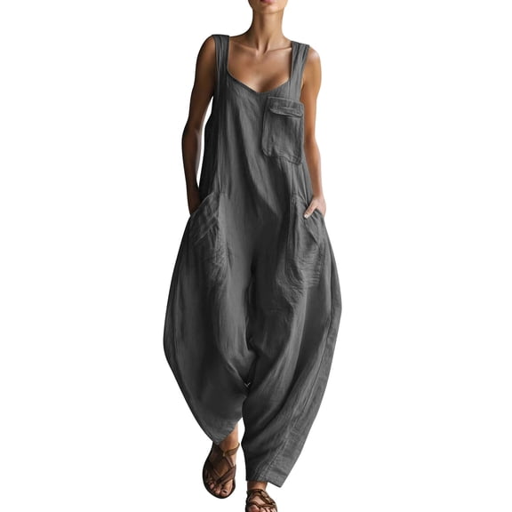 Npasoilc Multi-Pocket Overalls Jumpsuits for Women Crew Neck Sleeveless Loose Casual A-Line Long Pants