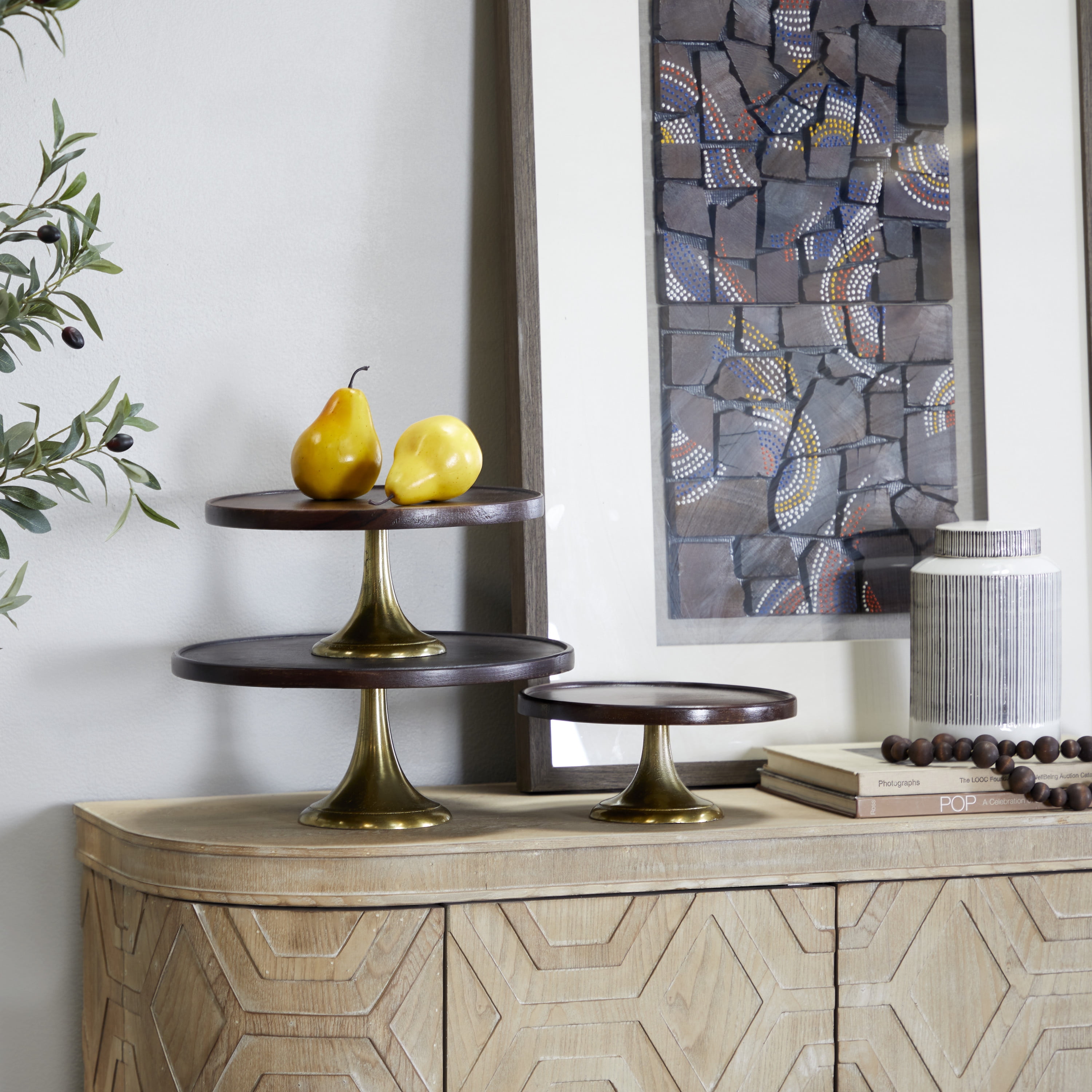 DecMode 14", 12", 10"W Dark Brown Mango Wood Cake Stand with Gold Aluminum Bases, 3-Pieces