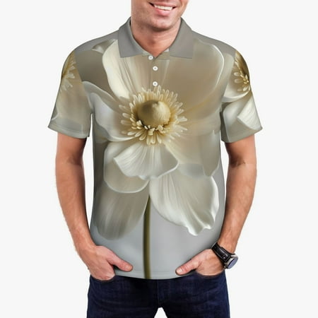 Gaeub Elegant Ivory Flower Print Men s Polo Shirts Short Sleeve Golf Performance Shirts Stretchy Golf Shirts Casual Summer Beach Shirts-Medium