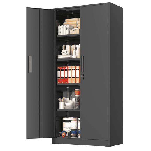 SOLAURA 71"H Metal Garage Storage Cabinet with Locking Doors and Adjustable Shelves for Office, Home, Garage, Warehouse(Black)