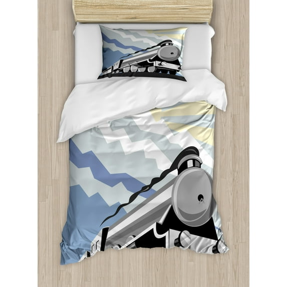 Train Duvet Cover Set Twin Size, Retro Style Illustration of Old Fashioned Vaporous Vaporous with Sun and Mountains, Decorative 2 Piece Bedding Set with 1 Pillow Sham, Multicolor, by Ambesonne
