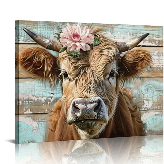 Acheng Canvas Wall Art Cow Pictures Wall Decor Highland Art for Bathroom Bedroom Farmhouse Decor, Modern Canvas Paintings, Brown Rustic Prints Artwork with Wood Fram 16x12in