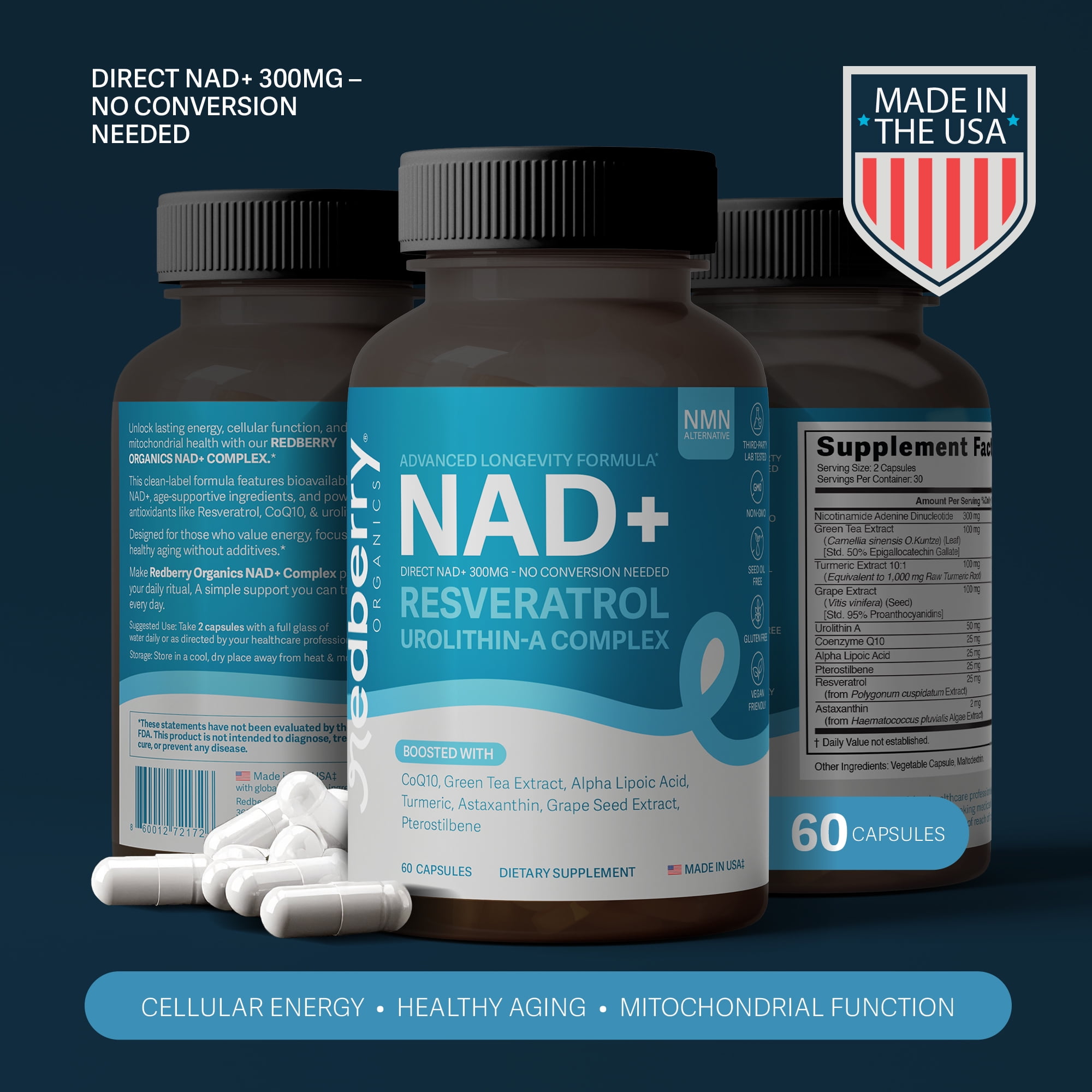 Redberry Organics NAD+ Complex Supplement | Direct NAD Plus | Advanced Longevity & Cellular Energy Formula with Urolithin A & Resveratrol | NMN Alternative | Made in USA
