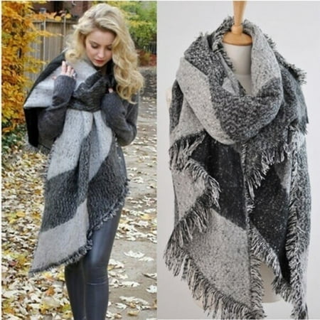Fashion Women Wool Blend Plaid Wrap Winter Warm Fleece Scarf Shawl