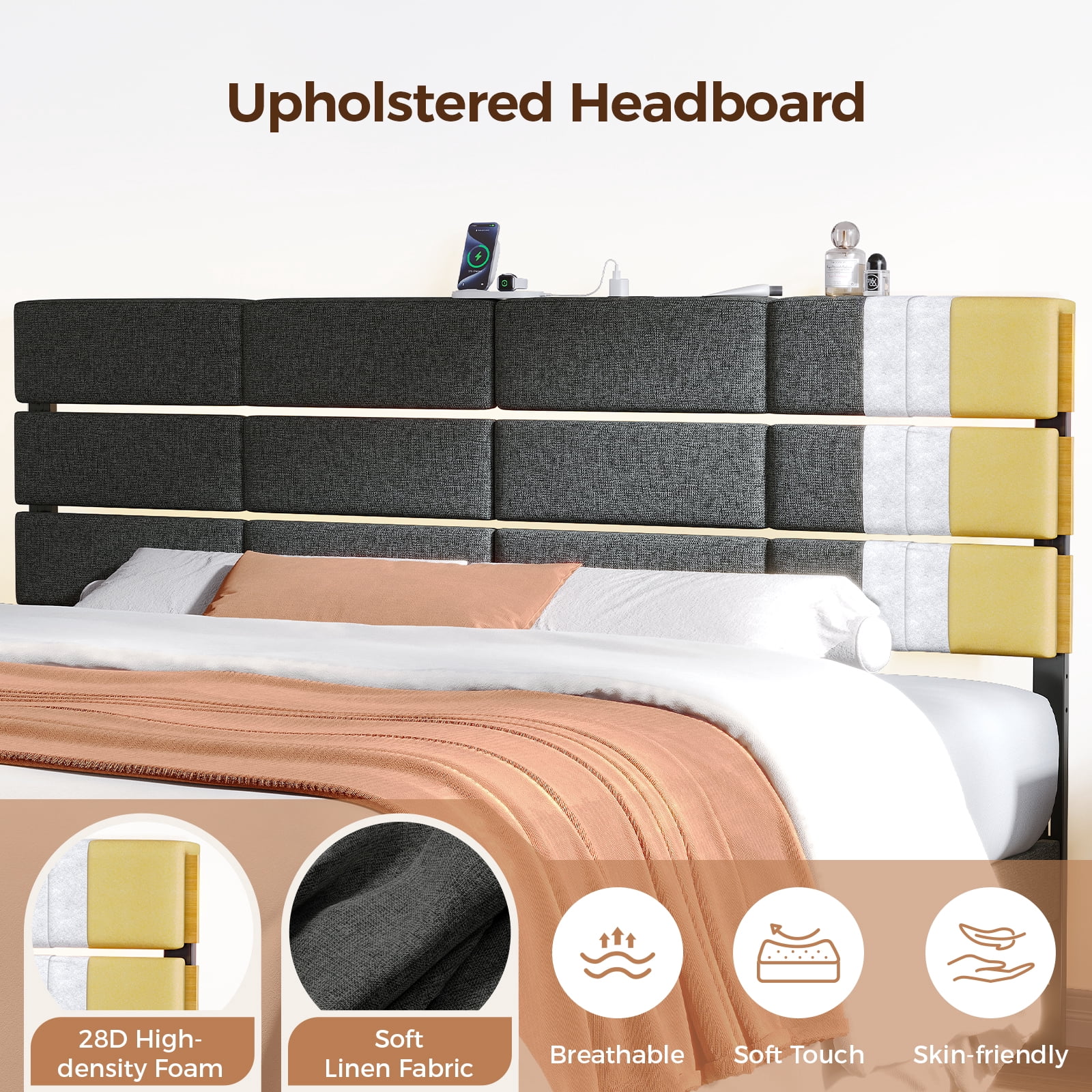Adjustable Upholstered Headboard for King/California King, RGB LED, Charging Station, Dark Grey