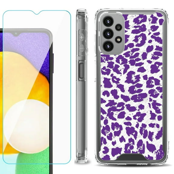 Shockproof Bumper Phone Case for Samsung Galaxy A23 5G, with Tempered Glass Screen Protector, by OneToughShield ® - Cheetah Purple