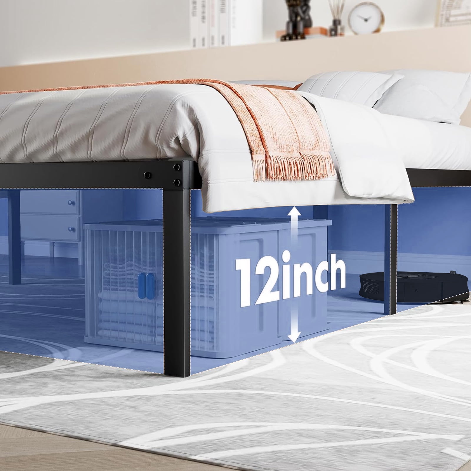 Taoset 14 inch High Heavy Duty Steel Bed Frame with Storage - Twin, No Box Spring Needed, Easy Assembly