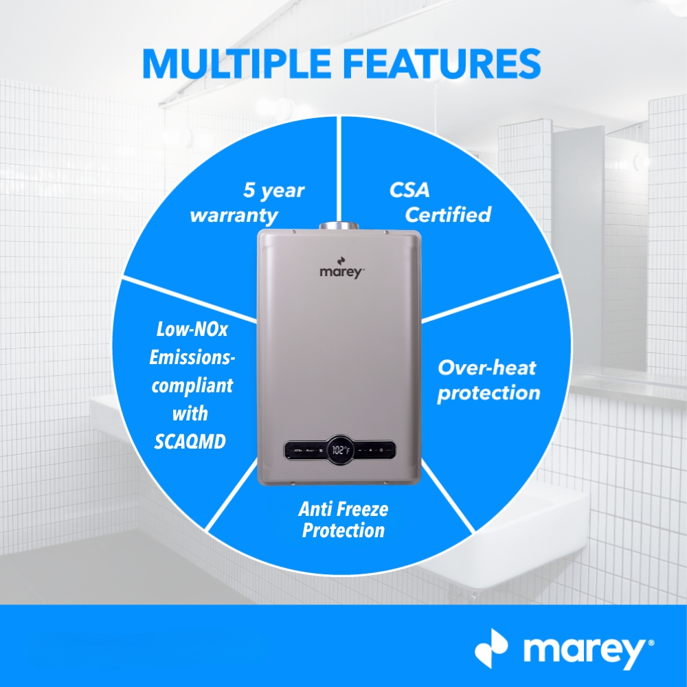 Marey GA30LP 30 Litre 199000 BTUs Liquid Propane Gas Indoor Tankless Water Heater, 8.5 gal per Minute