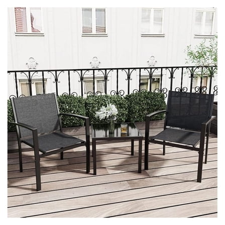 3 Pieces Patio Furniture Set Outdoor, Textilene Chairs & Glass Table - Black