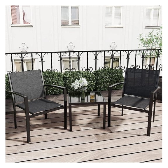 3 Pieces Patio Furniture Set Outdoor, Textilene Chairs & Glass Table - Black