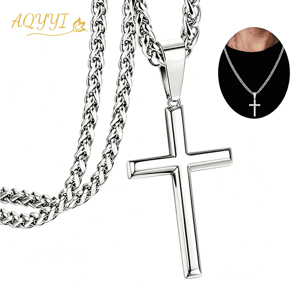 AQYYI Silver Plated Cross Necklace for Men Women, 24 Inch Rope Chain Cross Pendant, Classic Christian Religious Faith Jewelry Gift for Baptism Confirmation Birthday